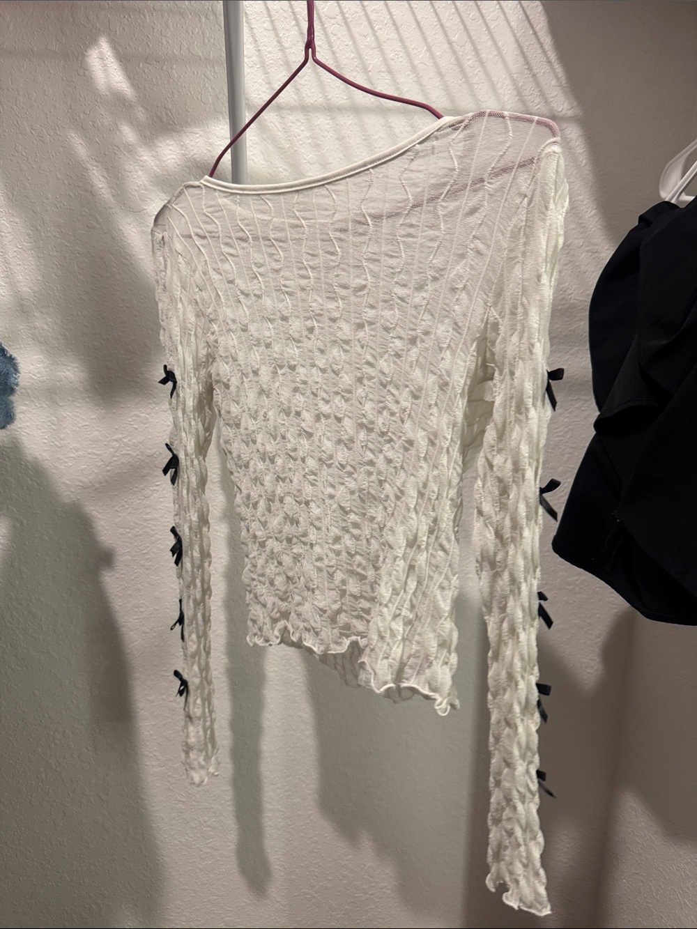Full Tilt White Open-Knit Long Sleeve Top with Side Black Bows
